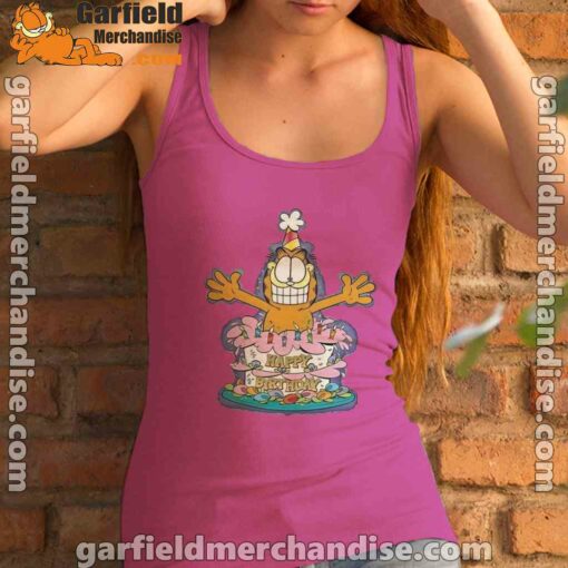 happy birthday garfield cat in town women's pink tank top