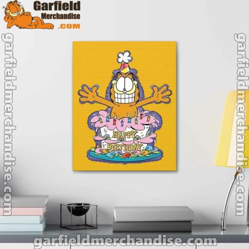 happy birthday garfield cat in town yellow canvas