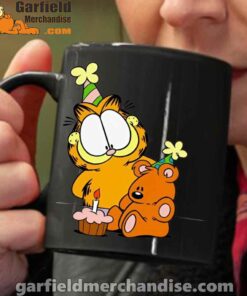 happy birthday garfield with small cake black coffee mug