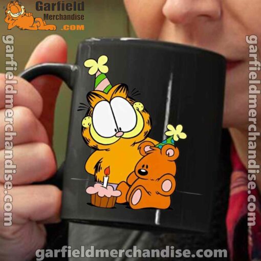 happy birthday garfield with small cake black coffee mug