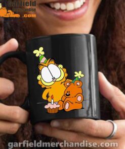 happy birthday garfield with small cake black mug