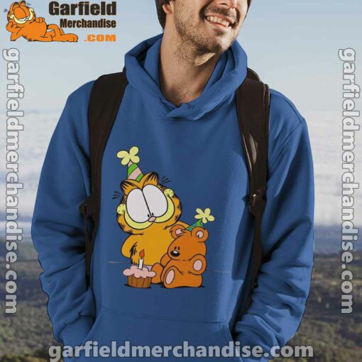 happy birthday garfield with small cake blue men hoodie male