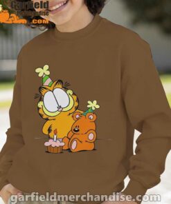 happy birthday garfield with small cake brown sweatshirt for youth boy