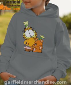 happy birthday garfield with small cake gray hoodie kids