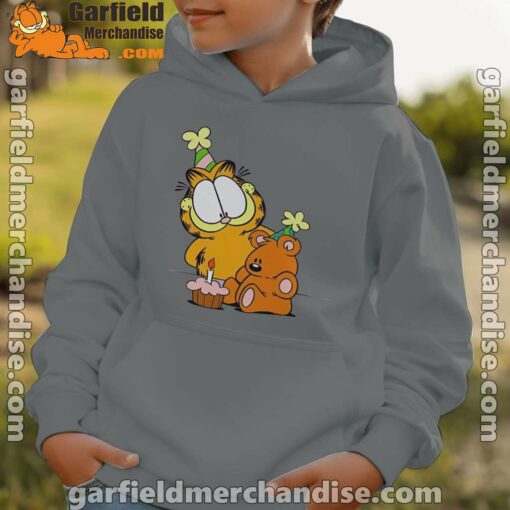 happy birthday garfield with small cake gray hoodie kids