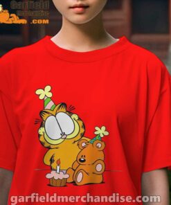 happy birthday garfield with small cake kids girl red t shirt female