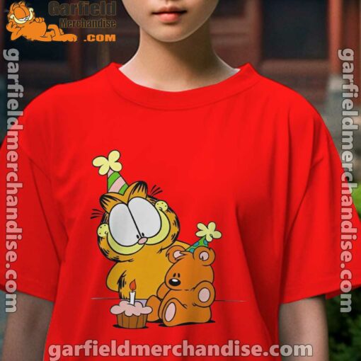 happy birthday garfield with small cake kids girl red t shirt female