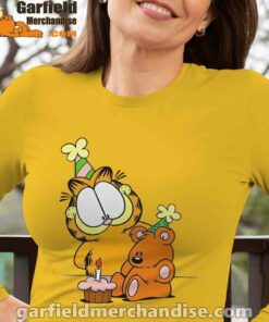 happy birthday garfield with small cake long sleeve yellow women