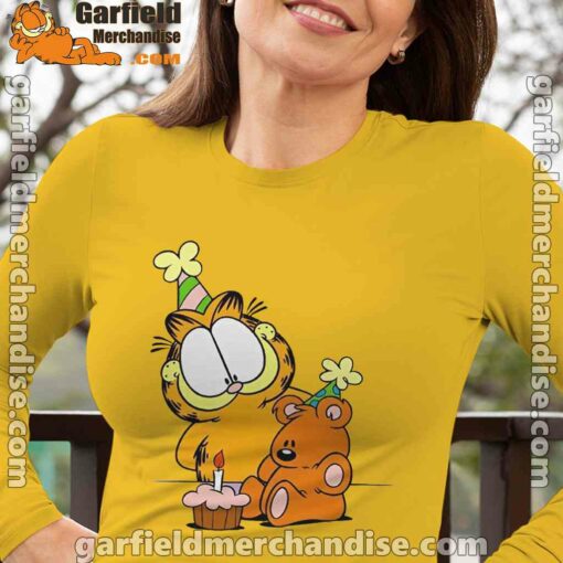 happy birthday garfield with small cake long sleeve yellow women