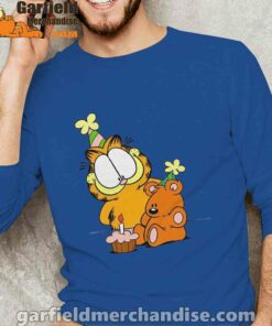 happy birthday garfield with small cake men with blue long sleeve