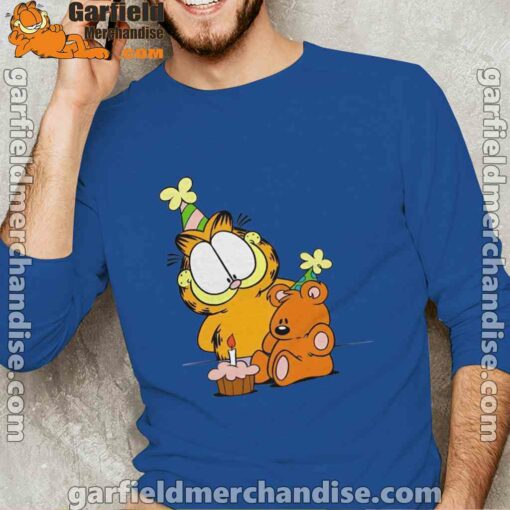 happy birthday garfield with small cake men with blue long sleeve