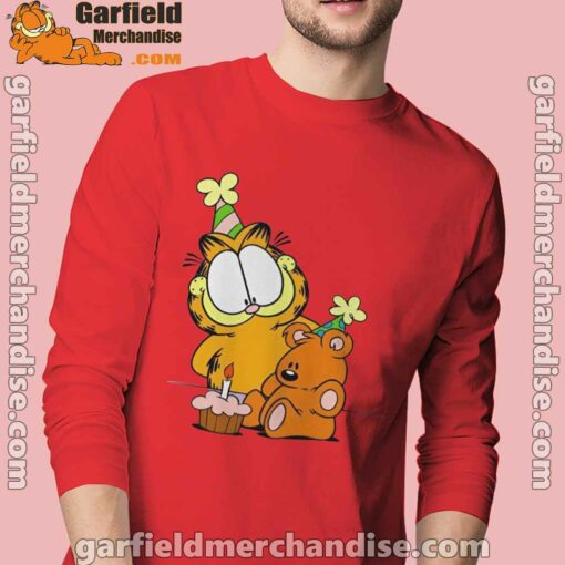 happy birthday garfield with small cake men with red long sleeve