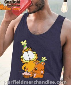 happy birthday garfield with small cake navy tank tops with men