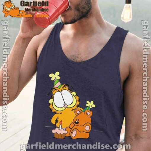 happy birthday garfield with small cake navy tank tops with men