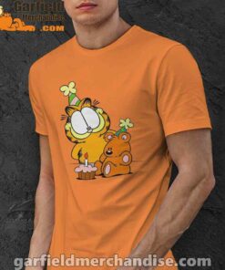 happy birthday garfield with small cake orange men shirt