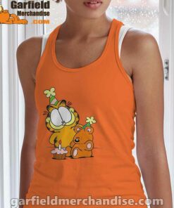 happy birthday garfield with small cake orange tank top with women