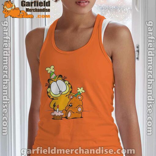 happy birthday garfield with small cake orange tank top with women