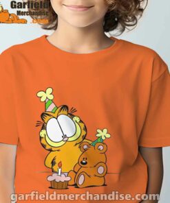 happy birthday garfield with small cake orange tee kids boy