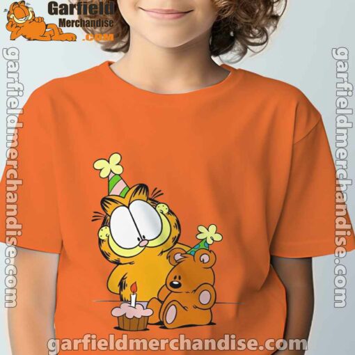 happy birthday garfield with small cake orange tee kids boy