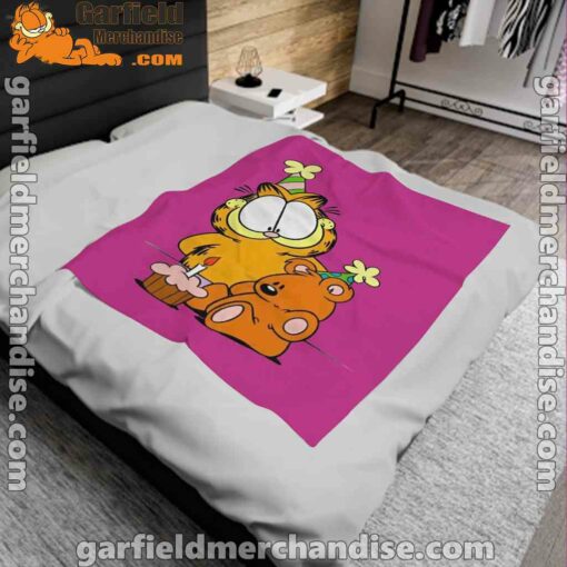 happy birthday garfield with small cake pink blanket