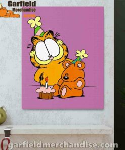 happy birthday garfield with small cake pink canvas