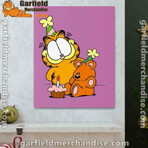 happy birthday garfield with small cake pink canvas