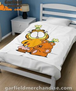 happy birthday garfield with small cake white blanket