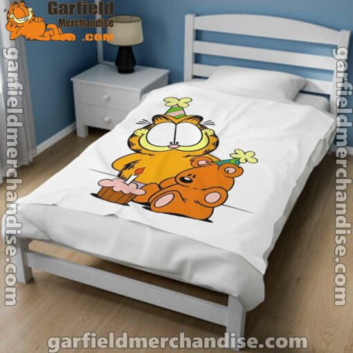 happy birthday garfield with small cake white blanket