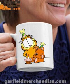 happy birthday garfield with small cake white coffee mug