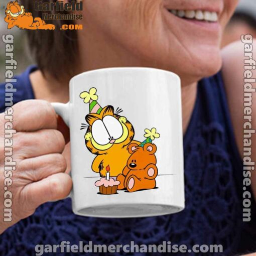 happy birthday garfield with small cake white coffee mug