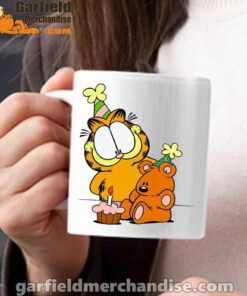 happy birthday garfield with small cake white mug