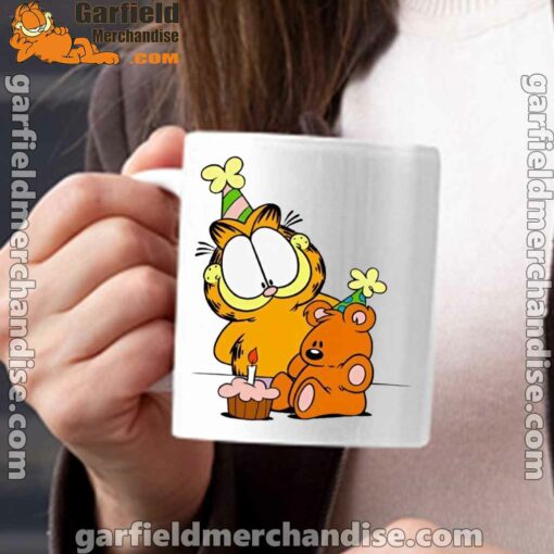 happy birthday garfield with small cake white mug