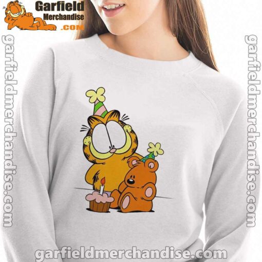 happy birthday garfield with small cake white sweatshirt women