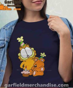 happy birthday garfield with small cake women navy shirts