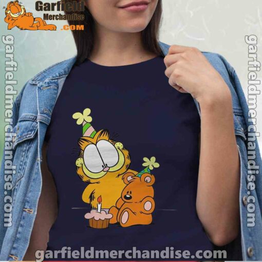 happy birthday garfield with small cake women navy shirts