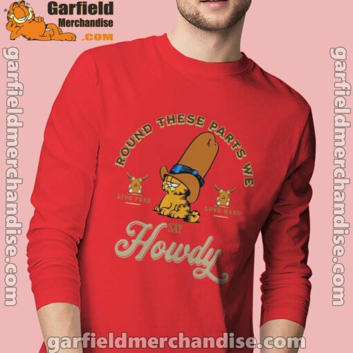 round these parts we love garfiel cowboy men with red long sleeve