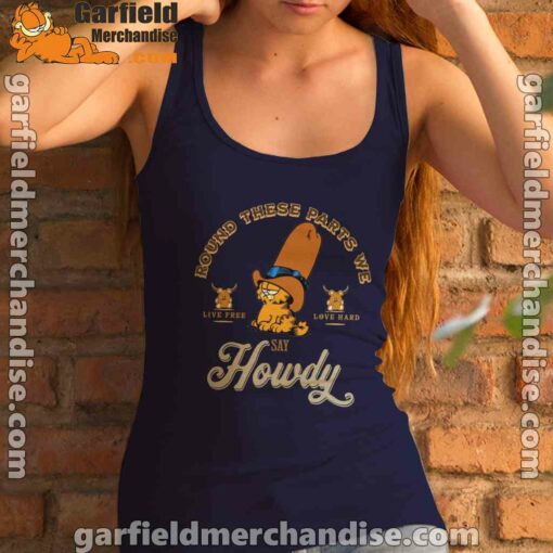 round these parts we love garfiel cowboy navy tank top with women