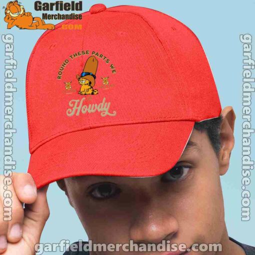 round these parts we love garfiel cowboy red hat