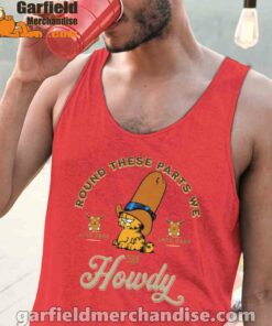 round these parts we love garfiel cowboy red tank tops for men