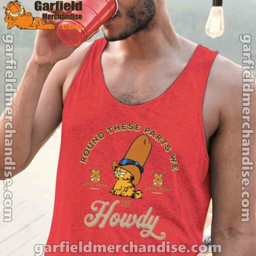 round these parts we love garfiel cowboy red tank tops for men