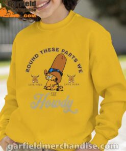 round these parts we love garfiel cowboy yellow sweatshirt youth boy