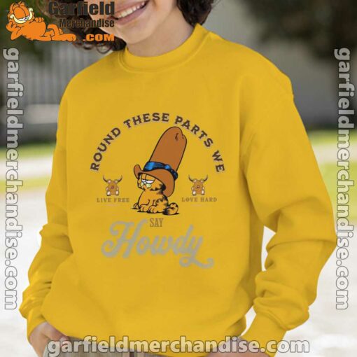 round these parts we love garfiel cowboy yellow sweatshirt youth boy