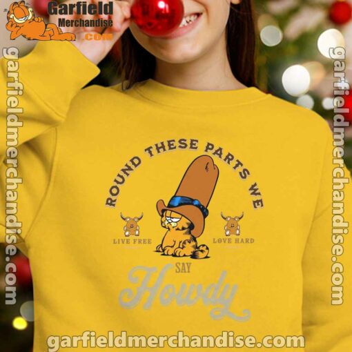 round these parts we love garfiel cowboy yellow youth girl sweatshirt